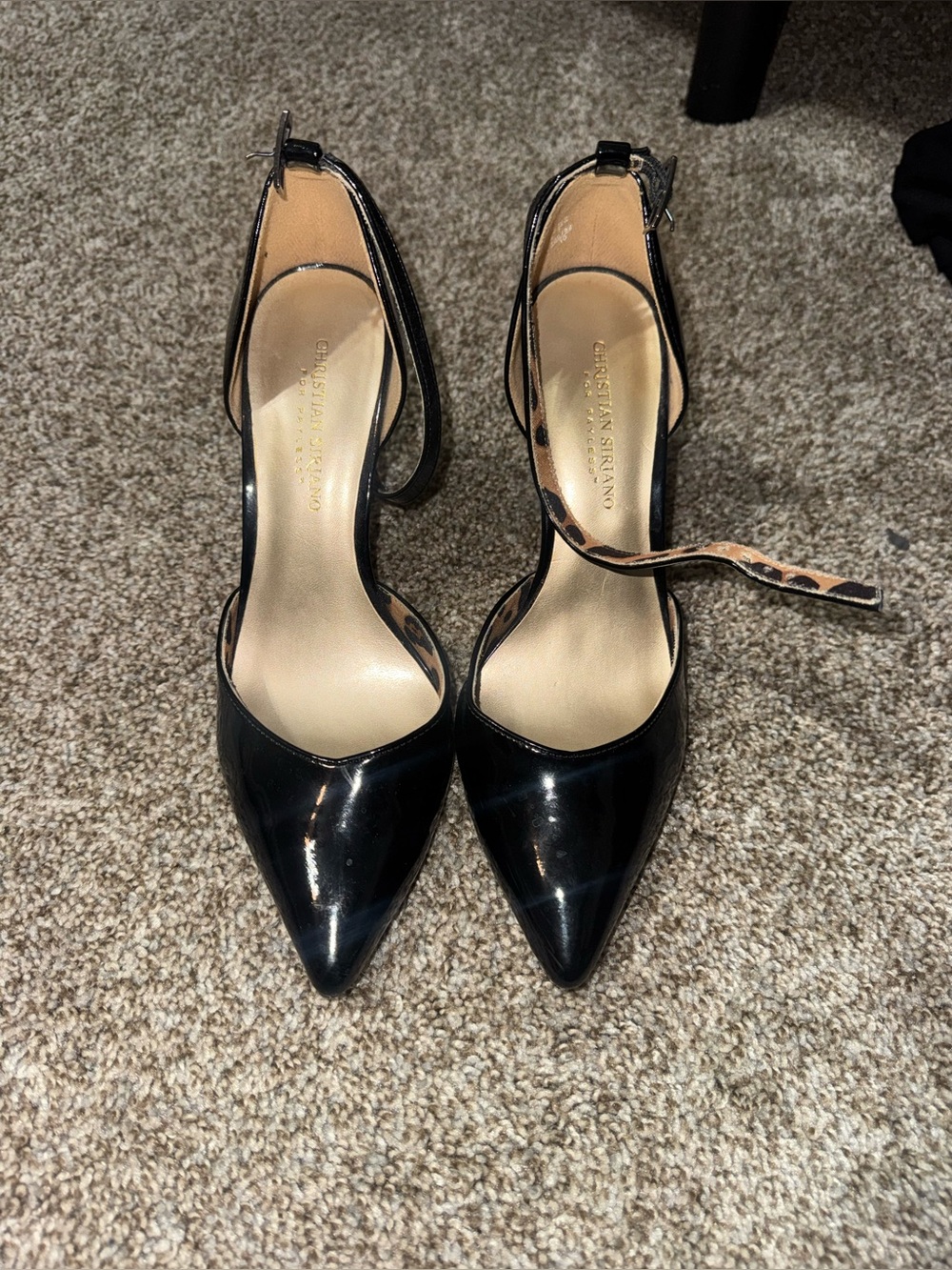 Christian Siriano Black Patent Leopard Ankle Strap Heels
